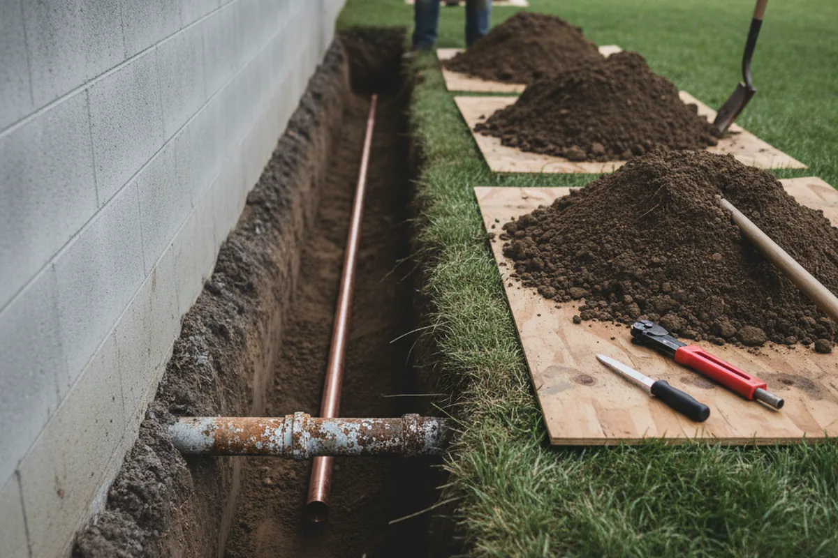 Excavated water line trench during Sewer Line Repair in North Newton